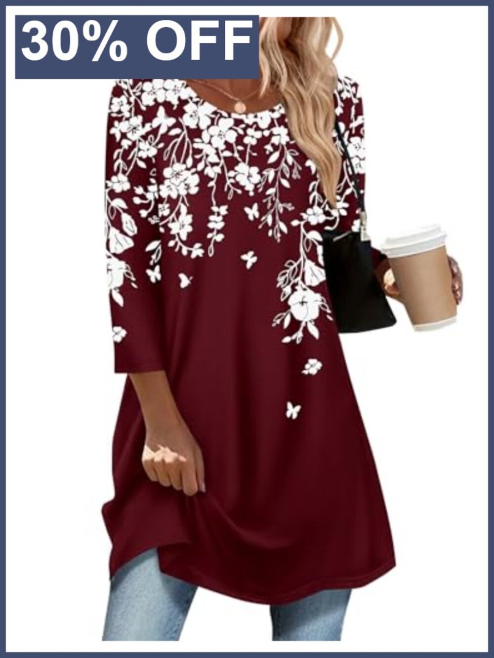 Plus Size Floral Tunic Top 3/4 Sleeve Crew Neck Blouse